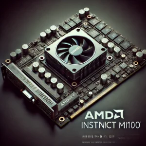 AMD Instinct MI100 GPU with detailed view highlighting its design and features.