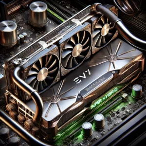 A detailed shot of the EVGA GeForce RTX 2080 SUPER HYBRID graphics card with its all-in-one cooling setup and Hydro Dynamic Bearing fan.